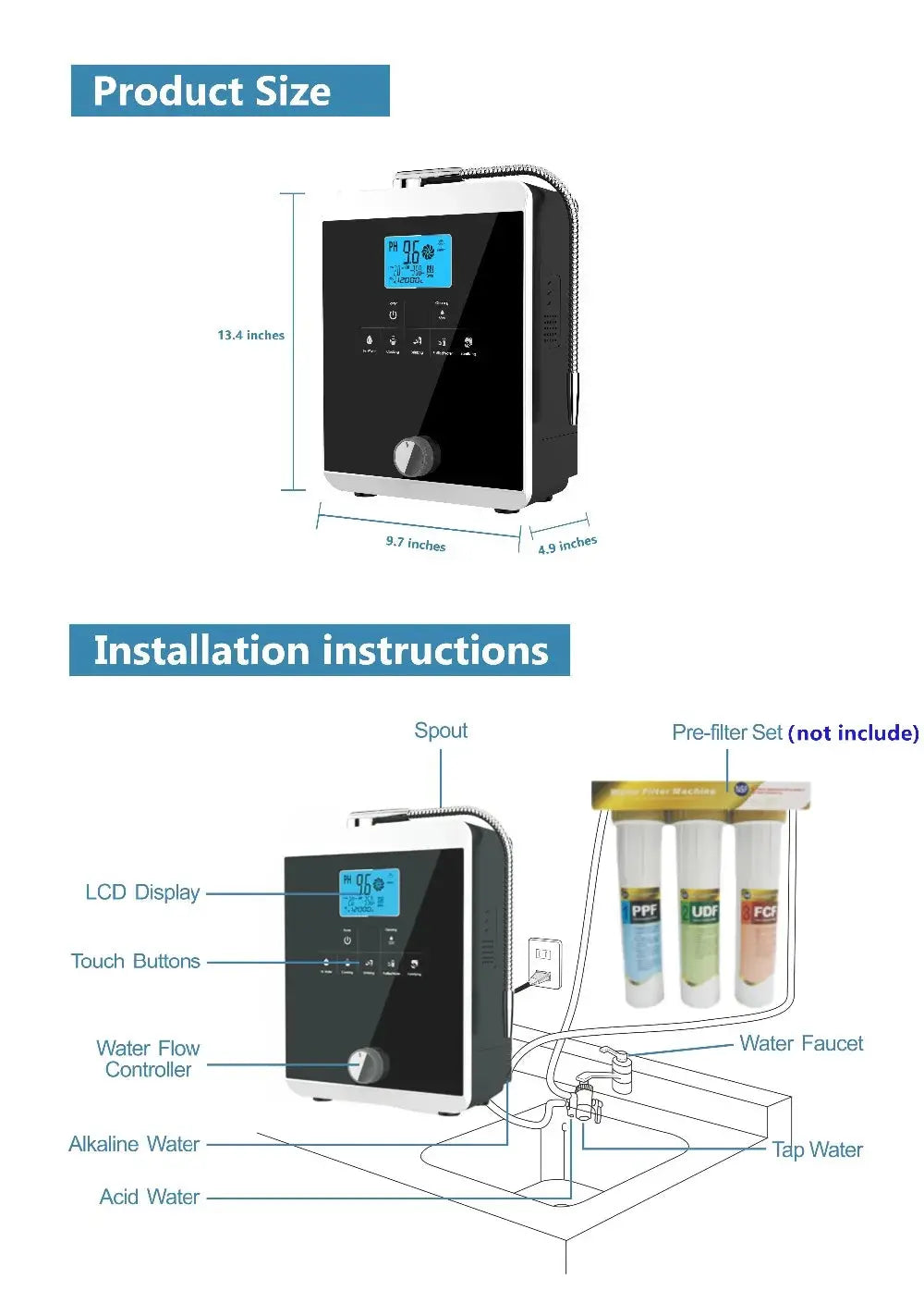 High-Quality Water Ionizer Machine – pH 3-11.0 Alkaline Acid, Up to -800mV ORP, Auto-Cleaning, LCD Touch Water Filter ionessence